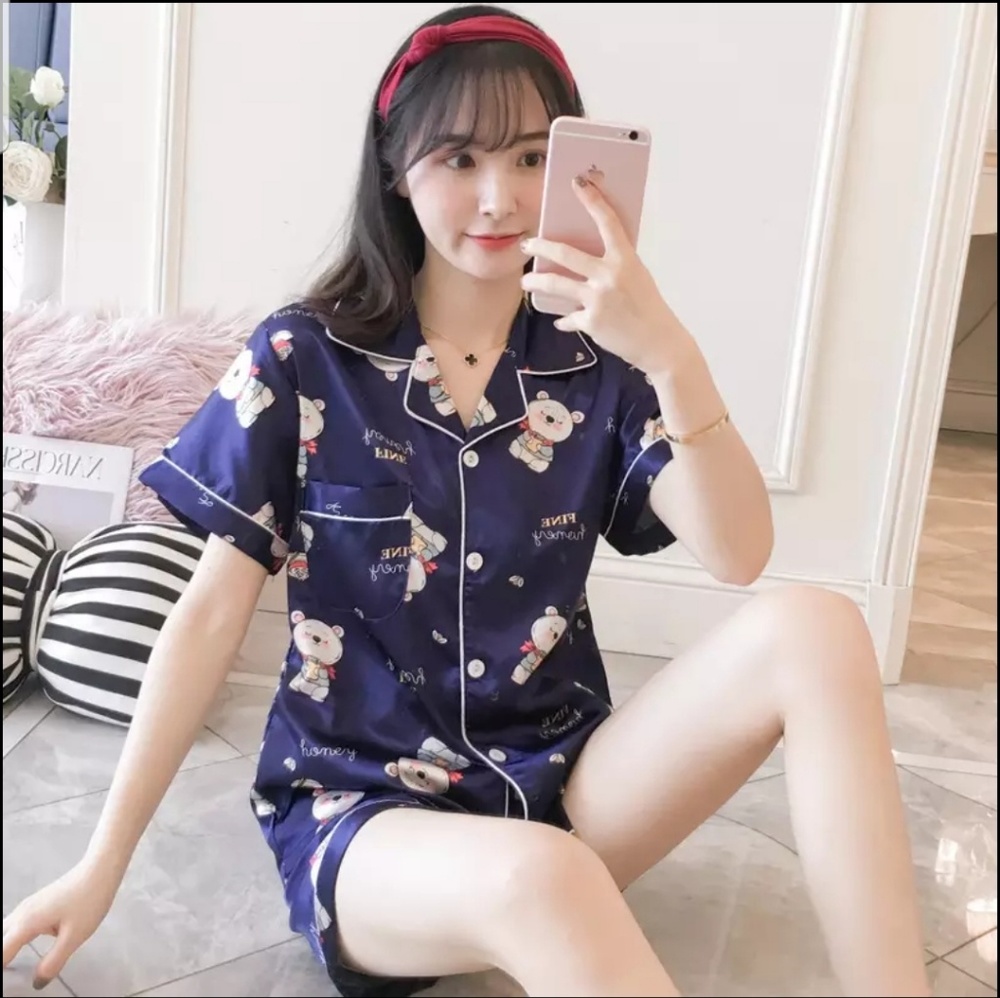 🆕 Cute Bear Print Satin Silk Pajamas Set